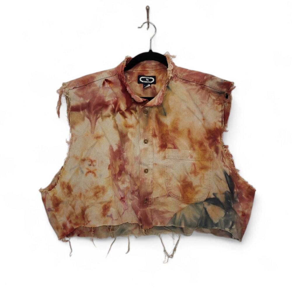 Vintage Custom Cropped Frayed Tie Dye Sleeveless Button Shirt Large Art Nature